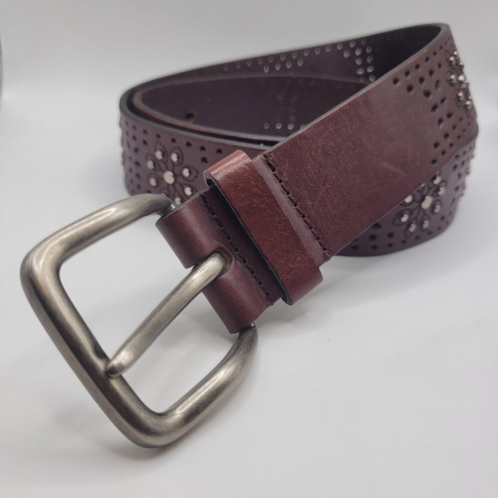 Brown Leather Belt Medium Floral Studded Boho Western Cowgirl Rustic Embellished